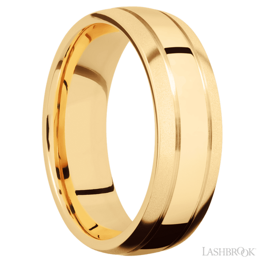 Lashbrook 7mm Domed with two accent grooves 14K Yellow Gold Wedding Band