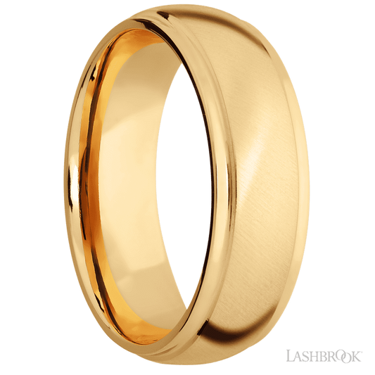7 mm wide Domed Stepped Down Edges 14K Yellow Gold band.