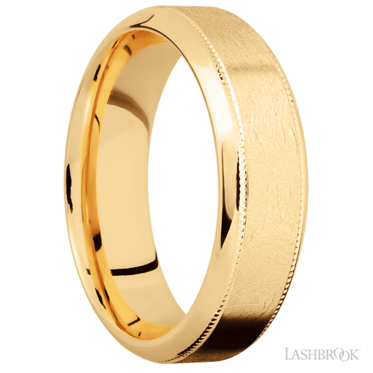 7 mm wide High Bevel Milgrain 14K Yellow Gold band.