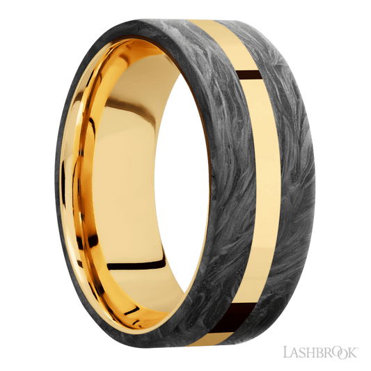 Lashbrook 8mm Flat 14K Yellow Gold Wedding Band — Forged Carbon Fiber Inlay