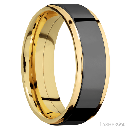 Lashbrook 7mm Flat Grooved Edges 14K Yellow Gold Wedding Band — Zirconium Inlay