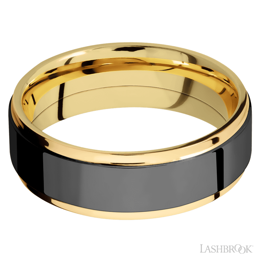 Lashbrook 7mm Flat Grooved Edges 14K Yellow Gold Wedding Band — Zirconium Inlay