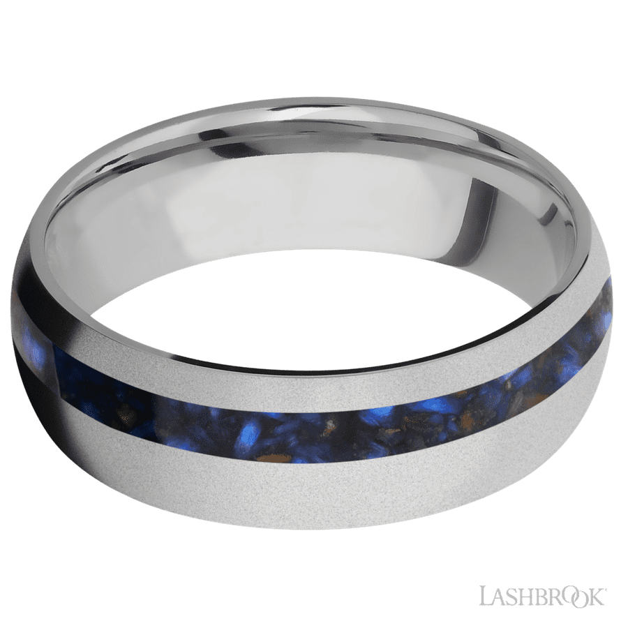 Lashbrook 7mm Domed Titanium Wedding Band — Blue Tiger Eye Inlay