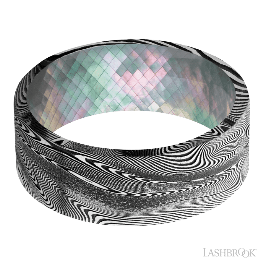 Lashbrook 8mm Flat Tightweave Wedding Band — Black Mother of Pearl Sleeve