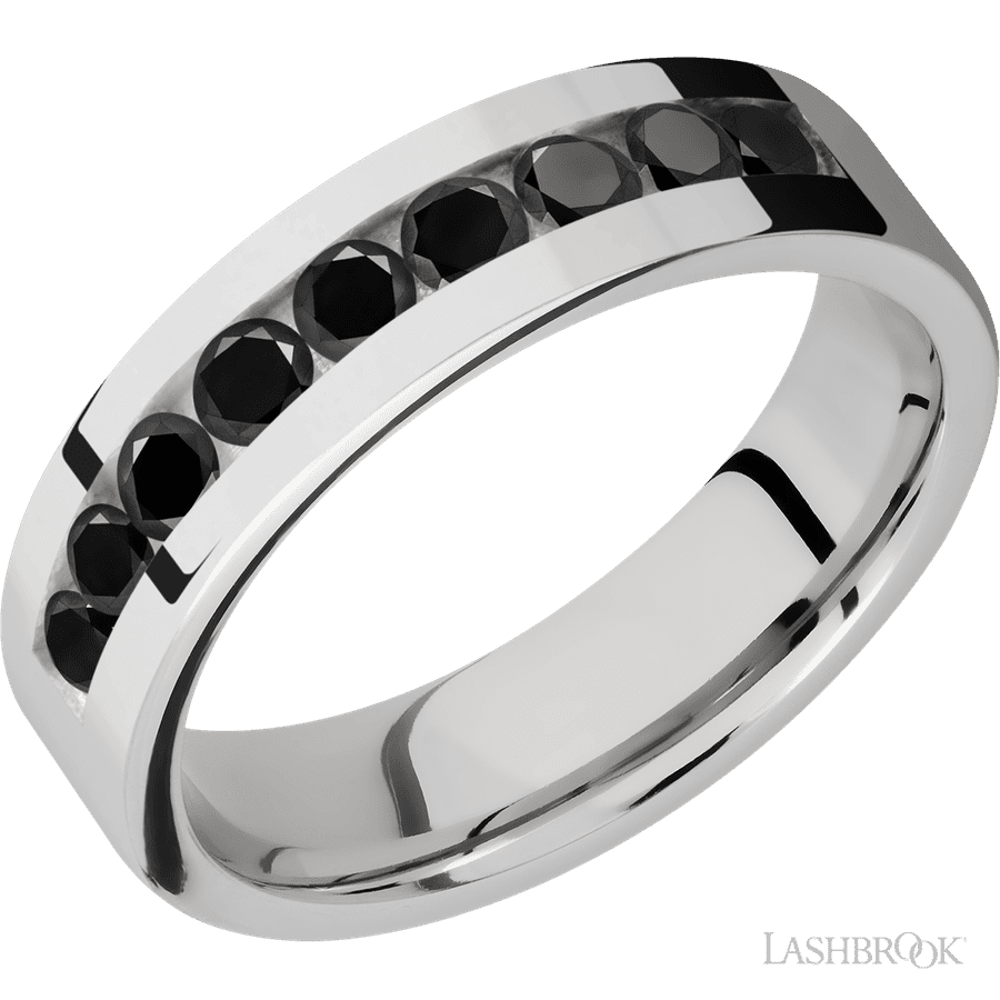 6 mm wide/Flat/Cobalt Chrome band with an arrangement of 9, .1 carat Round Black Diamond stones in a Channel setting.
