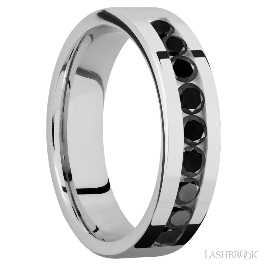 6 mm wide/Flat/Cobalt Chrome band with an arrangement of 9, .1 carat Round Black Diamond stones in a Channel setting.