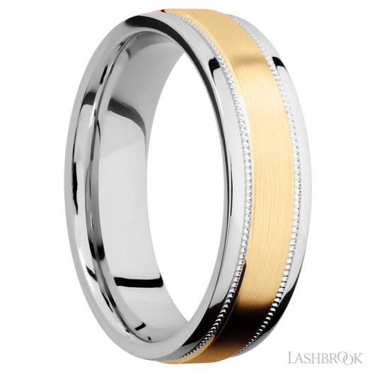 6 mm wide/Flat Stepped Edges Milgrain/Cobalt Chrome band with one 3 mm Raised Centered inlay of 14K Yellow Gold.