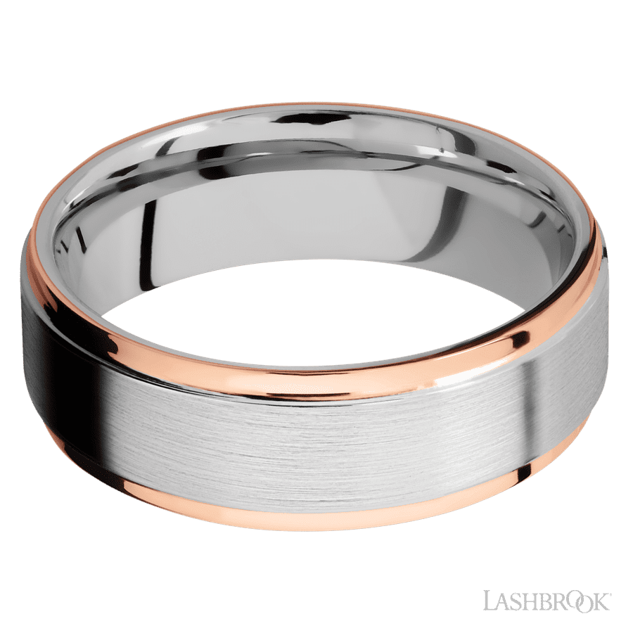 Lashbrook 7mm Flat Grooved Edges Cobalt Chrome Wedding Band — 14K Rose Gold Inlay
