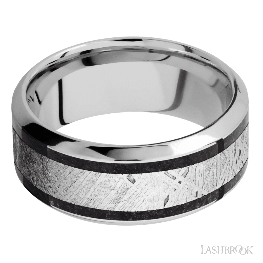 Lashbrook 9mm High Bevel Cobalt Chrome Wedding Band — Dinosaur Bone Black and Meteorite Inlay