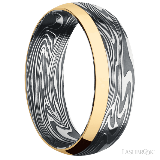 7 mm wide/Domed/Kinetic band with one 2 mm Off Center Edge inlay of 14K Yellow Gold.