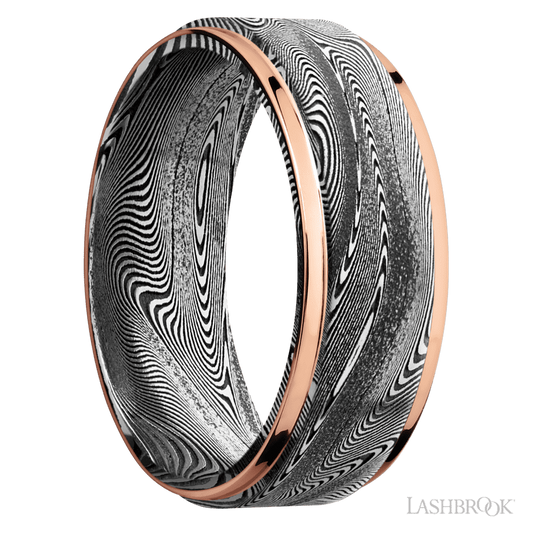 8 mm wide/Flat Grooved Edges/Tightweave band with two 1 mm Edge inlays of 14K Rose Gold.
