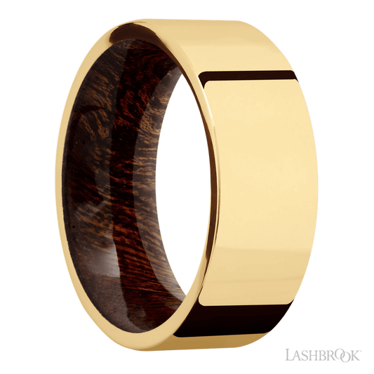 8 mm wide Flat 14K Yellow Gold band featuring a Sapele sleeve.