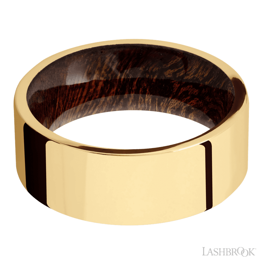 Lashbrook 8mm Flat 14K Yellow Gold Wedding Band — Sapele Sleeve — Polish Finish