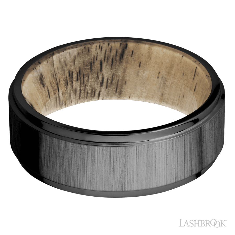 Lashbrook 8mm Flat Grooved Edges Zirconium Wedding Band — Spalted Tamarind Sleeve
