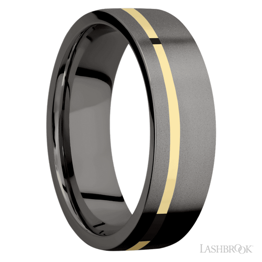 Lashbrook 7mm Flat Tantalum Noir Wedding Band — 14K Yellow Gold Inlay — Bead Finish