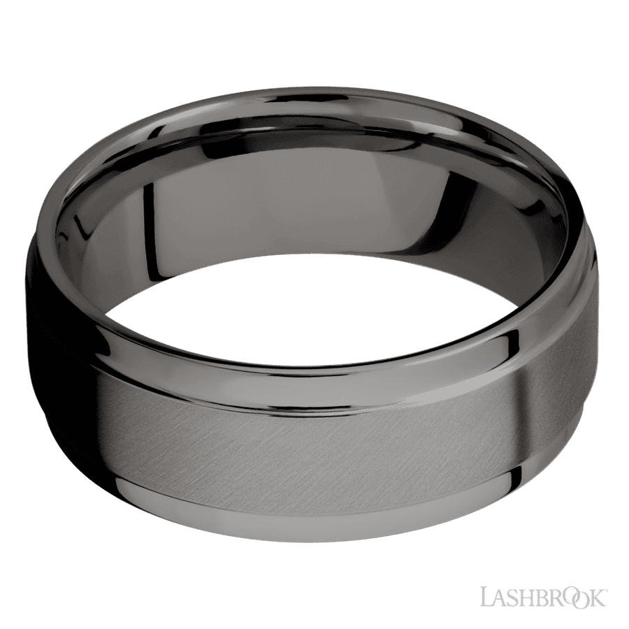 Lashbrook 8mm Flat Wide Grooved Edges Tantalum Noir Wedding Band