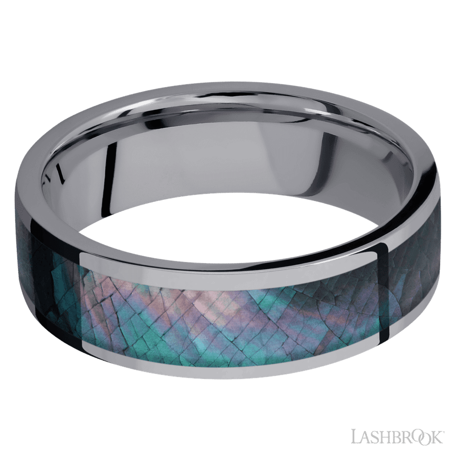 Lashbrook 7mm Flat Tantalum Wedding Band — Black Mother of Pearl Inlay