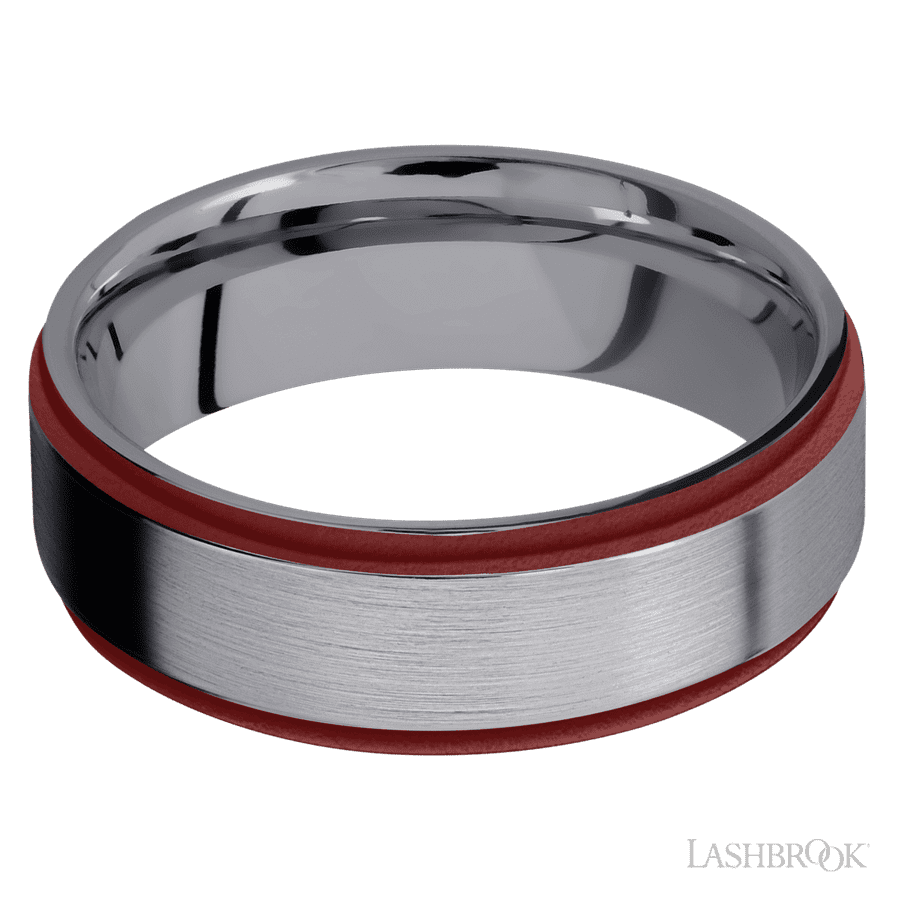 Lashbrook 7mm Flat Grooved Edges Tantalum Wedding Band — Crimson Inlay