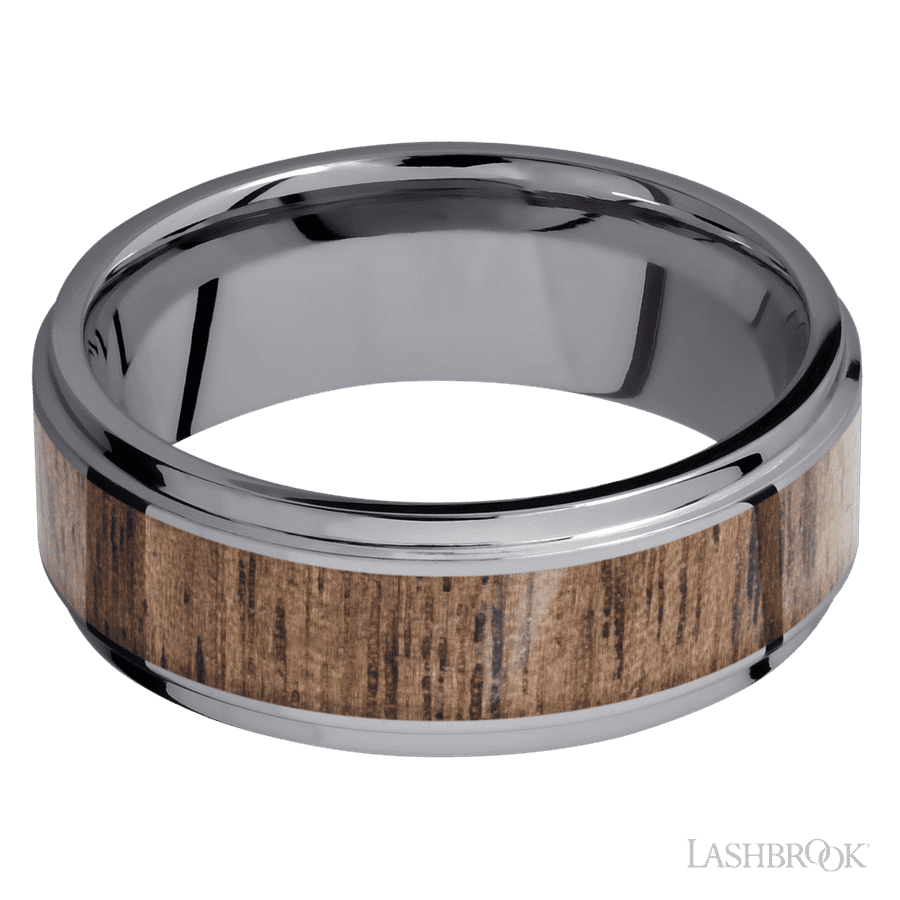 Lashbrook 8mm Flat Grooved Edges Tantalum Wedding Band — Walnut Inlay