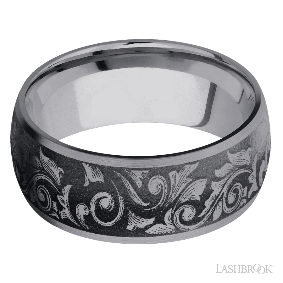Lashbrook 9mm Domed Tantalum Wedding Band — Western Scroll Pattern