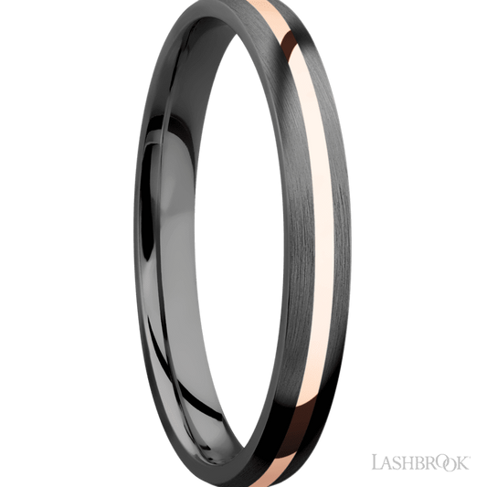 3 mm wide/Domed/Zirconium band with one 1 mm Centered inlay of 14K Rose Gold.