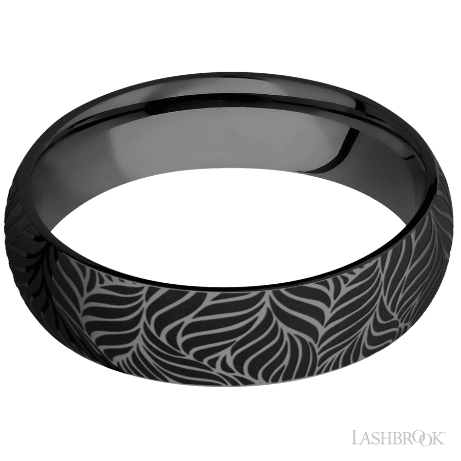 Lashbrook 6mm Domed Zirconium Wedding Band — Twisted Leaf Pattern