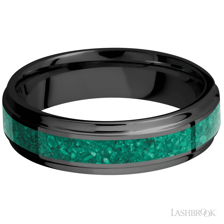 Lashbrook 6mm Flat Grooved Edges Zirconium Wedding Band — Malachite Inlay