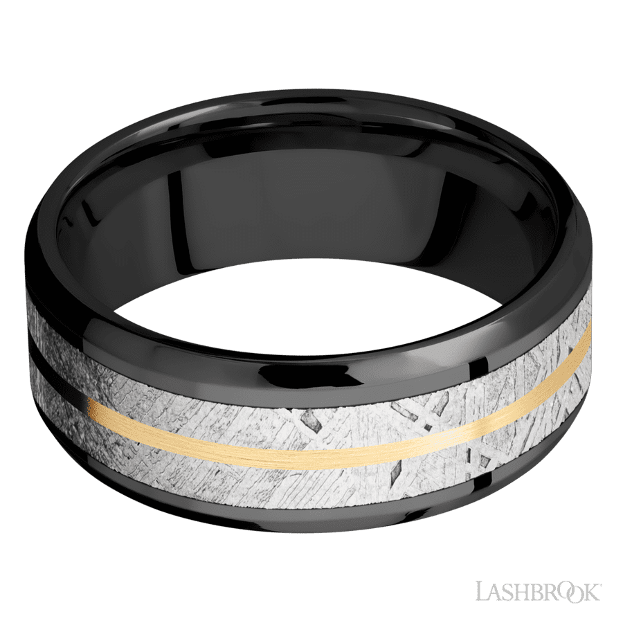 Lashbrook 8mm Beveled Zirconium Wedding Band — Meteorite and 14K Yellow Gold Inlay