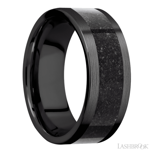 Lashbrook 8mm Flat Zirconium Wedding Band — Dinosaur Bone Black Inlay