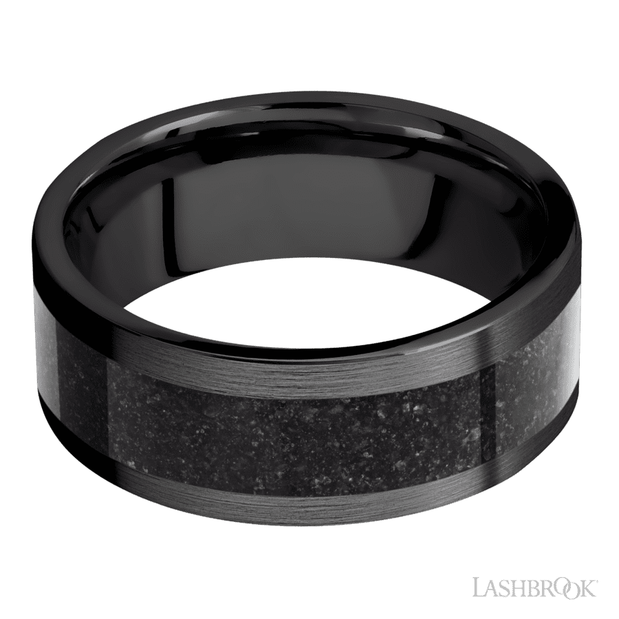 Lashbrook 8mm Flat Zirconium Wedding Band — Dinosaur Bone Black Inlay
