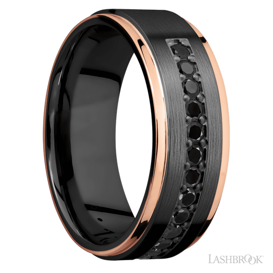 8 mm wide/Flat Grooved Edges/Zirconium band with a Half Eternity arrangement of .03 carat Round Black Diamond stones in a Bead setting and featuring two 1 mm Edge inlays of 14K Rose Gold