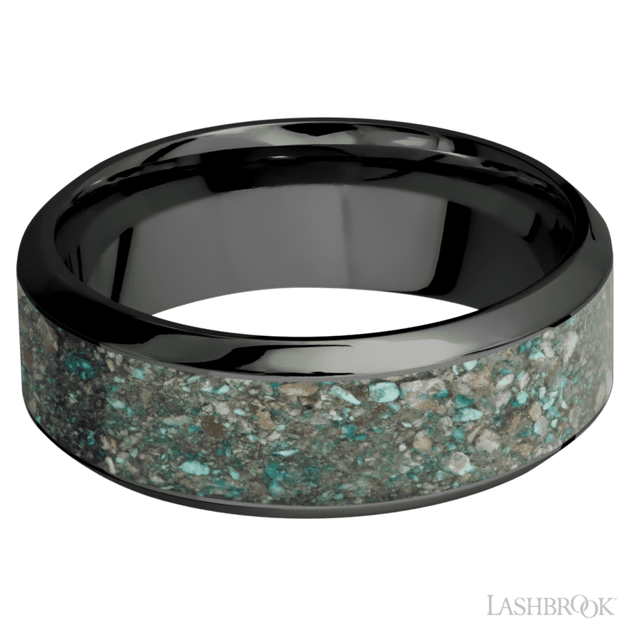 Lashbrook 8mm High Bevel Zirconium Wedding Band — Ocean Jasper Inlay — Z8HB15/MOSAIC