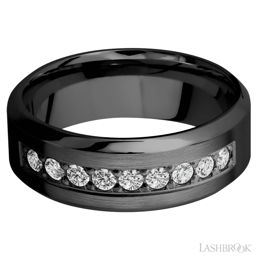 8 mm wide/High Bevel/Zirconium band with an arrangement of 9, .05 carat Round Diamond stones in a Bead setting.