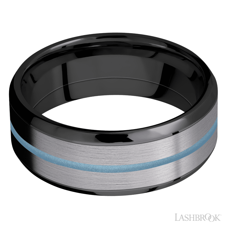 Lashbrook 8mm Beveled Zirconium Wedding Band — Tantalum and Polar Blue Inlay