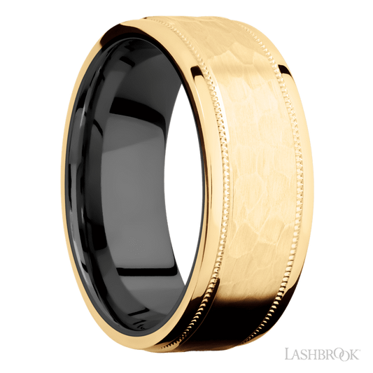 Lashbrook 8mm Flat Stepped Edges Milgrain 14K Yellow Gold Wedding Band — Zirconium Sleeve