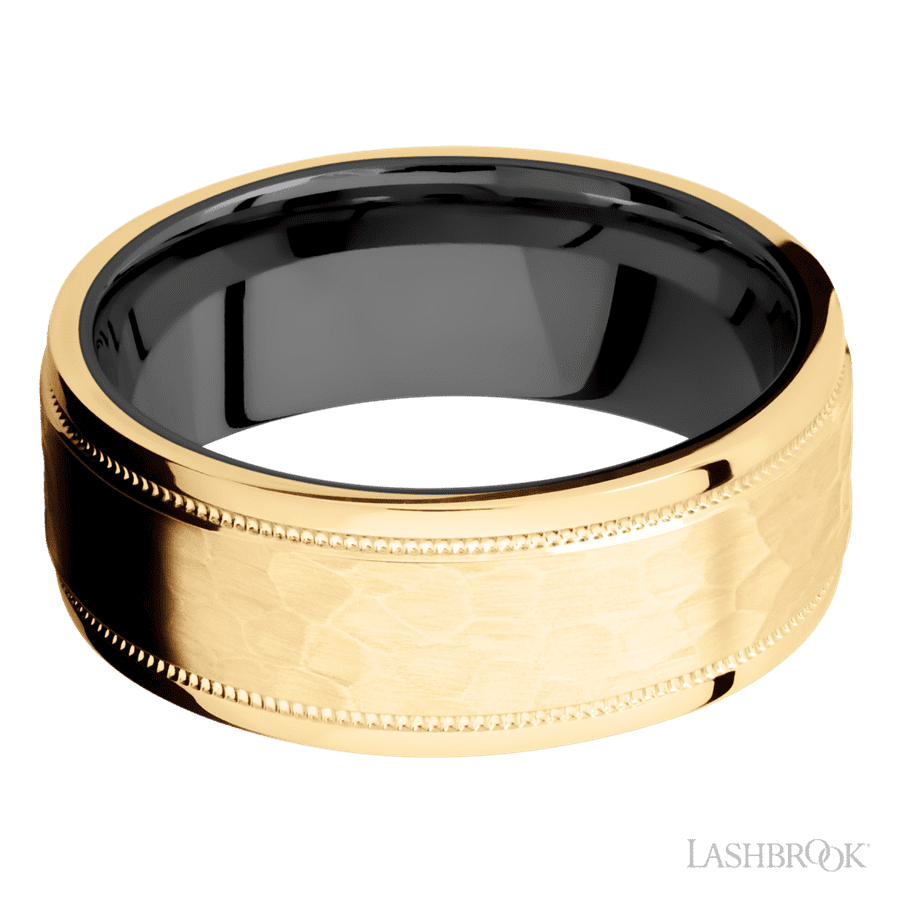 Lashbrook 8mm Flat Stepped Edges Milgrain 14K Yellow Gold Wedding Band — Zirconium Sleeve
