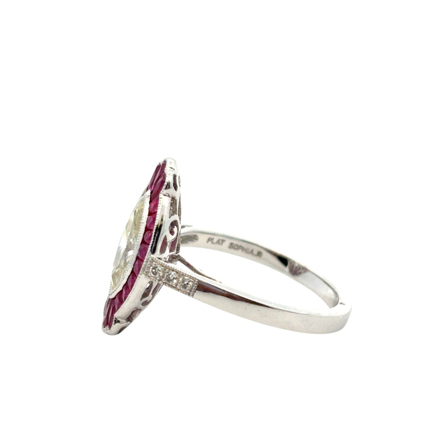 0.98 Carat Light Yellow Marquise Cut Diamond Platinum Ruby Engagement Ring