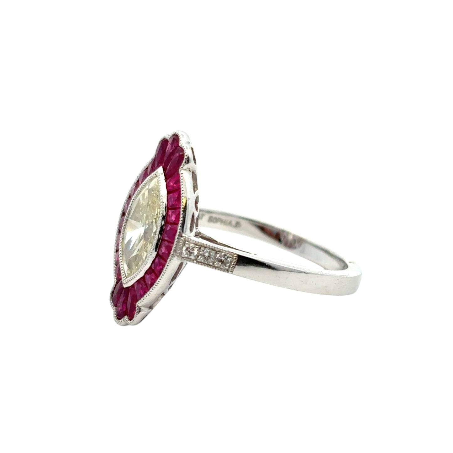 0.98 Carat Light Yellow Marquise Cut Diamond Platinum Ruby Engagement Ring