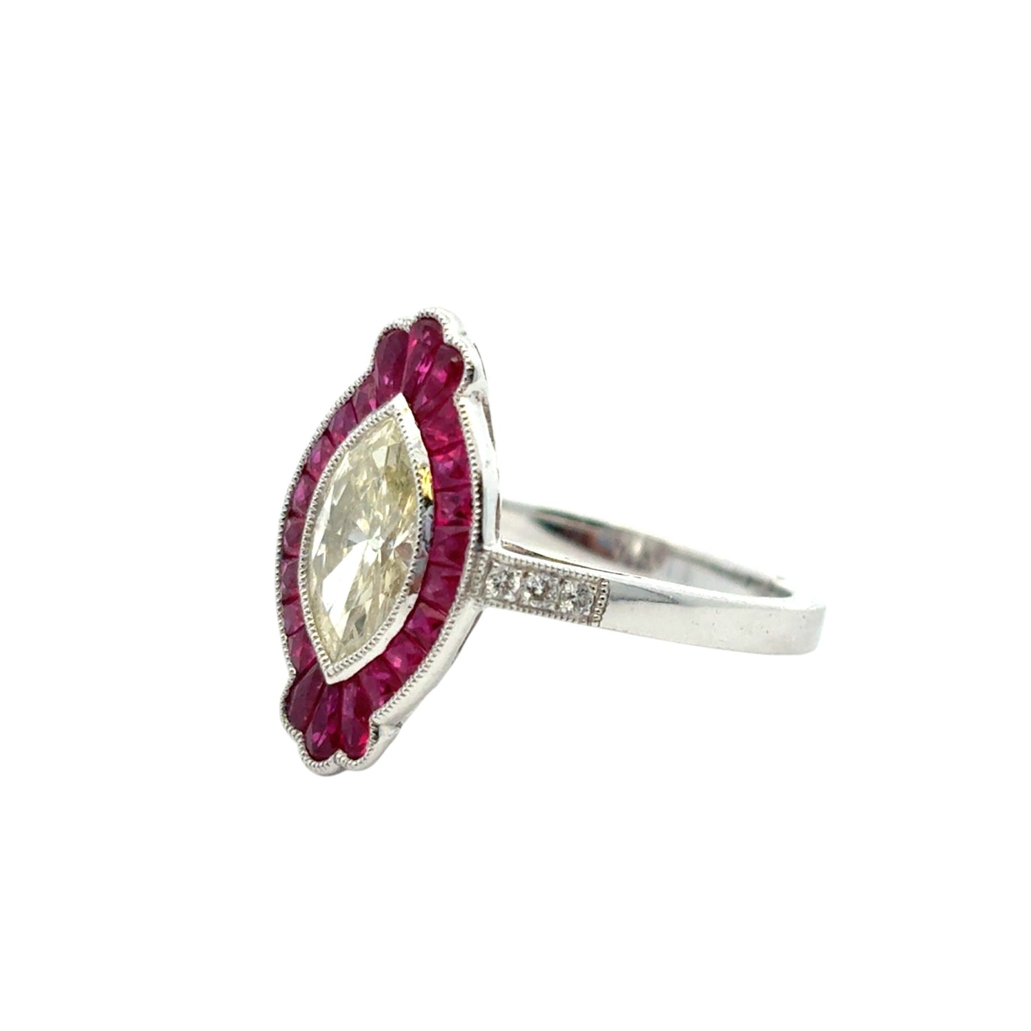 0.98 Carat Light Yellow Marquise Cut Diamond Platinum Ruby Engagement Ring