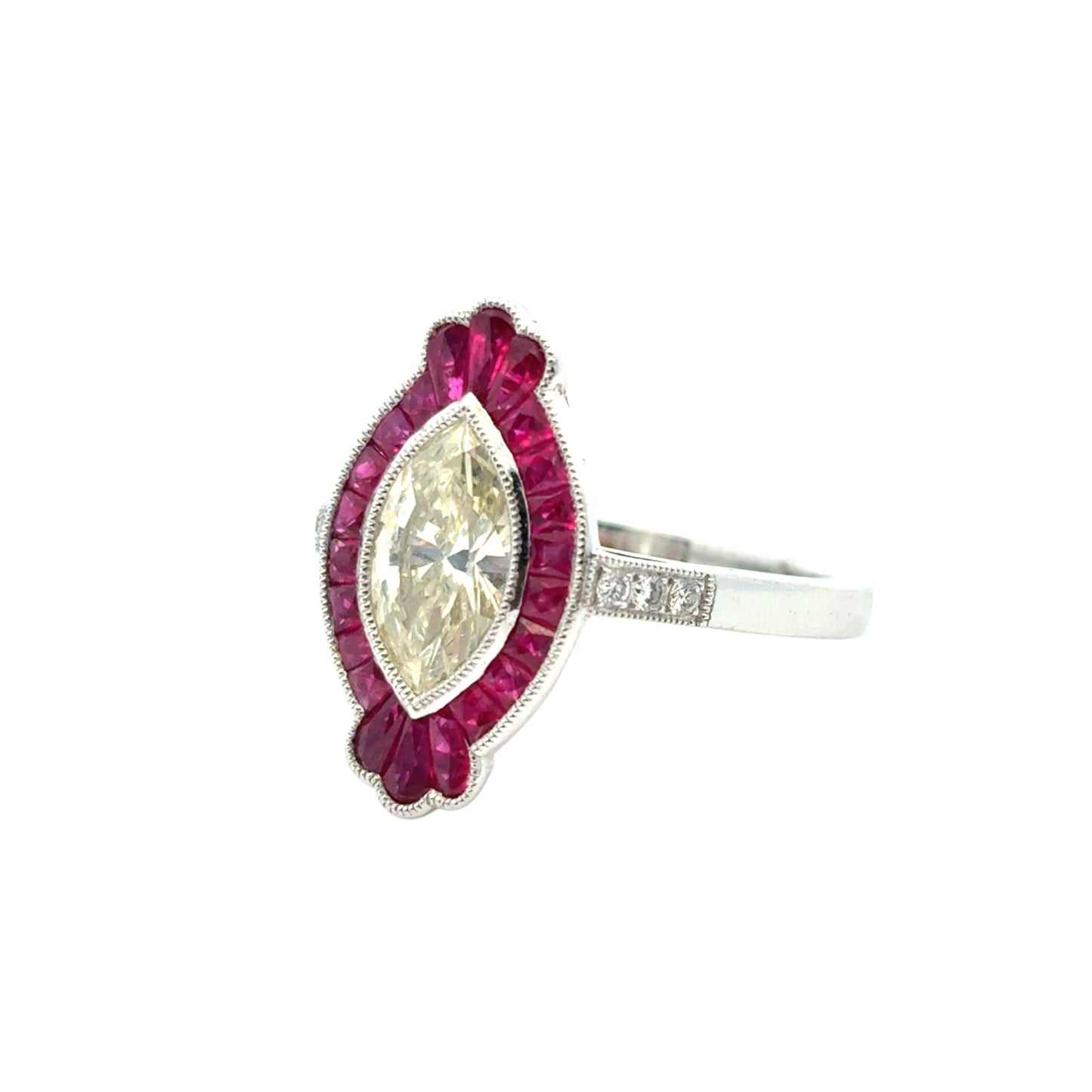 0.98 Carat Light Yellow Marquise Cut Diamond Platinum Ruby Engagement Ring