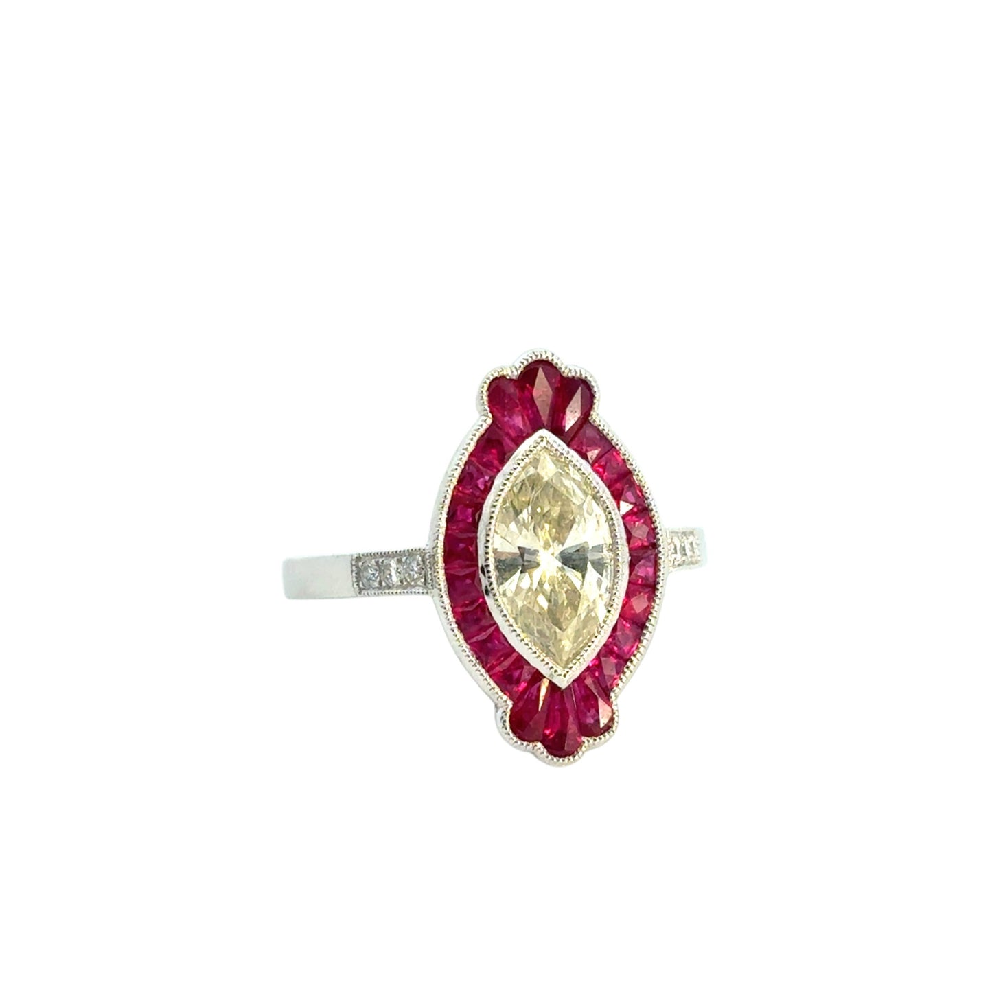 0.98 Carat Light Yellow Marquise Cut Diamond Platinum Ruby Engagement Ring