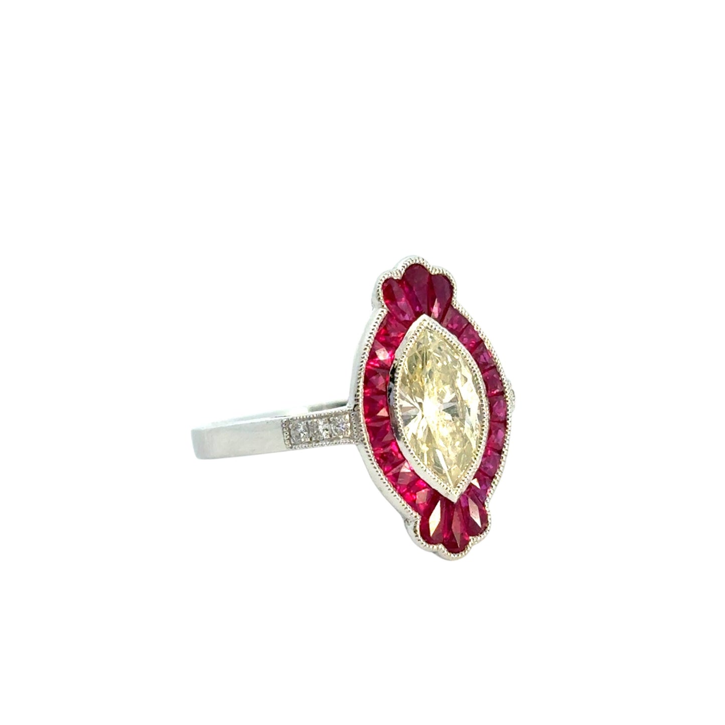 0.98 Carat Light Yellow Marquise Cut Diamond Platinum Ruby Engagement Ring