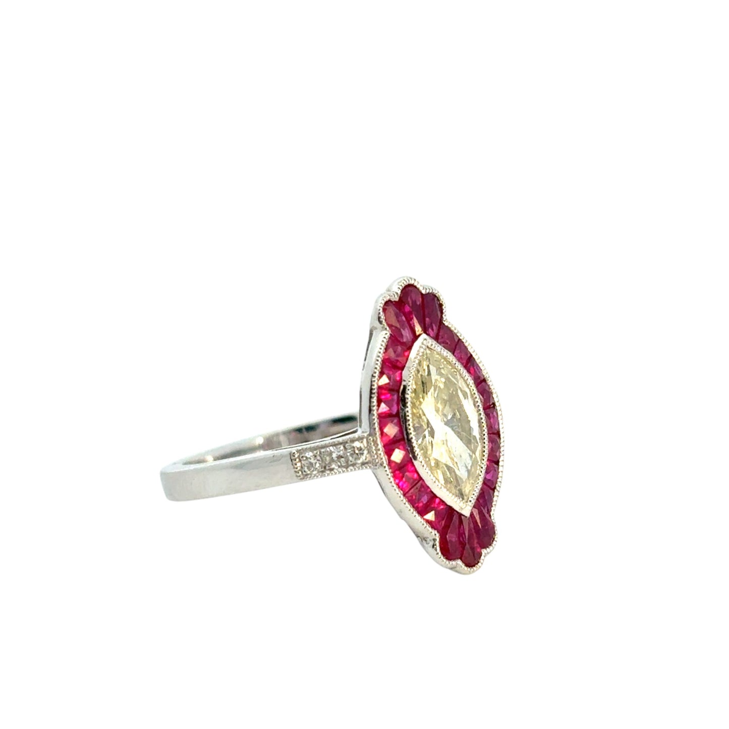 0.98 Carat Light Yellow Marquise Cut Diamond Platinum Ruby Engagement Ring
