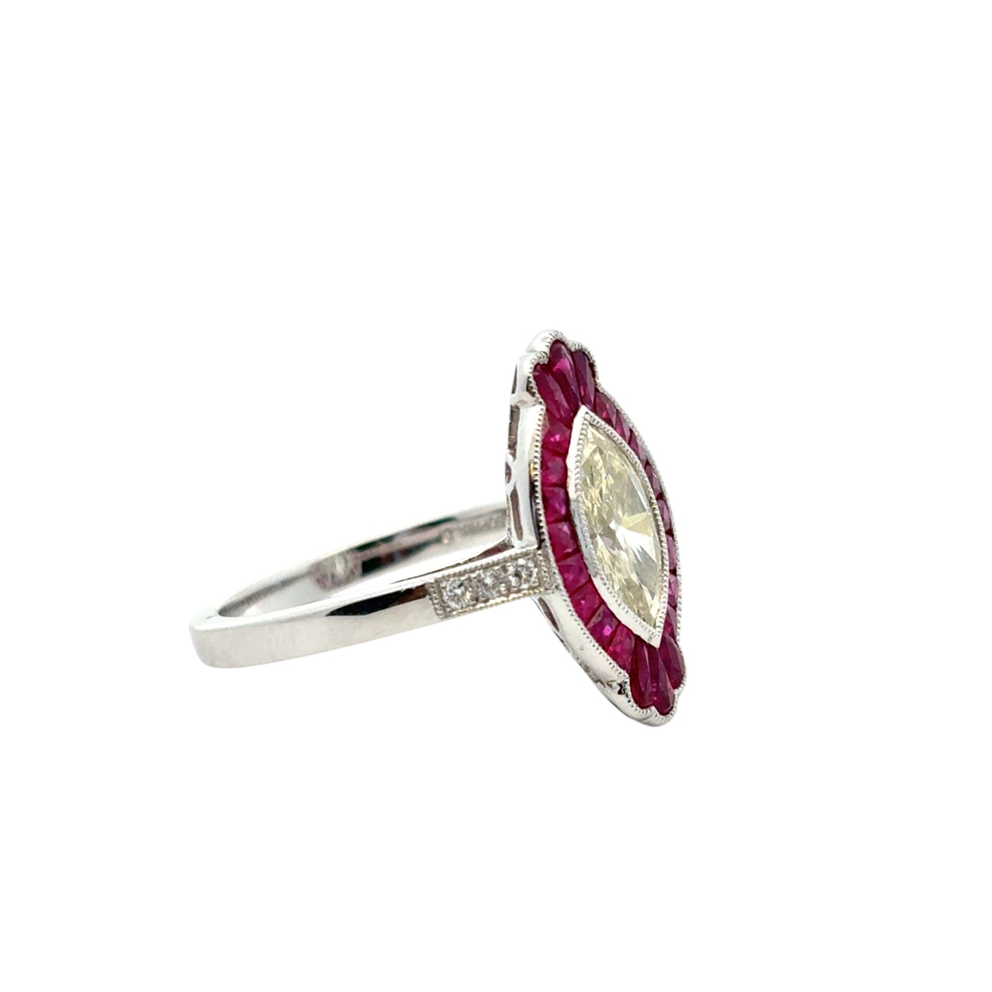 0.98 Carat Light Yellow Marquise Cut Diamond Platinum Ruby Engagement Ring