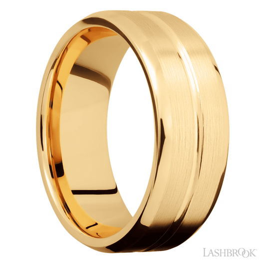 8 mm wide Beveled with Center Accent Groove 14K Yellow Gold band.