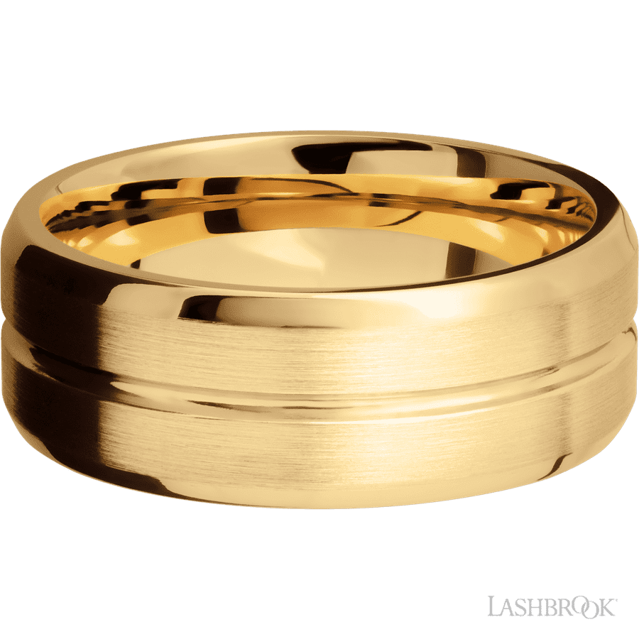 Lashbrook 8mm Beveled with Center Accent Groove 14K Yellow Gold Wedding Band