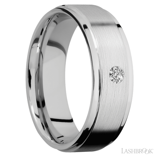 7 mm wide/Flat Grooved Edges/14K White Gold band with an arrangement of 1, .1 carat Round Diamond stones in a Flush setting.