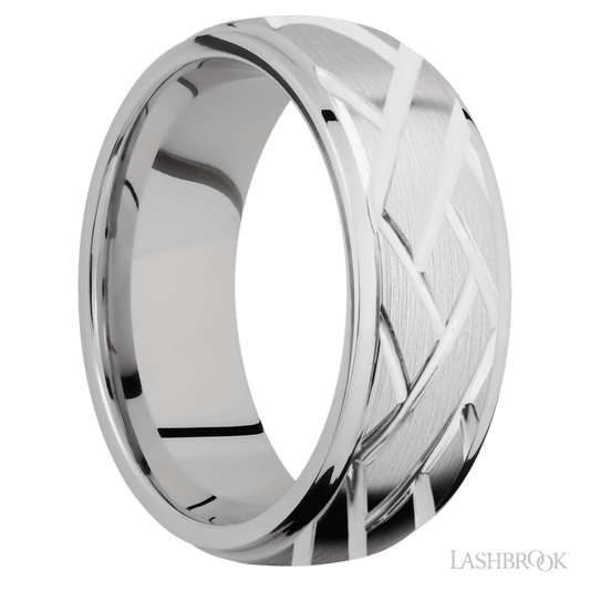 8 mm wide/Domed Stepped Down Edges/14K White Gold band with a machined Lattice pattern.