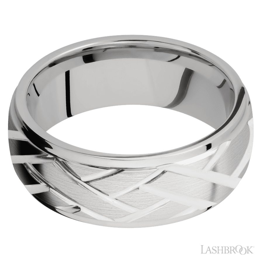 Lashbrook 8mm Domed Stepped Down Edges 14K White Gold Wedding Band — Lattice Pattern
