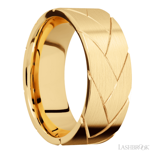 8 mm wide/Flat/14K Yellow Gold band with a machined Flatbraid pattern.